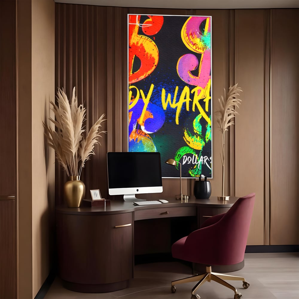 Tablou canvas cu tablou canvas cu simboluri dollar colorate, in rama de aluminiu argintiu, pe perete intr-un birou